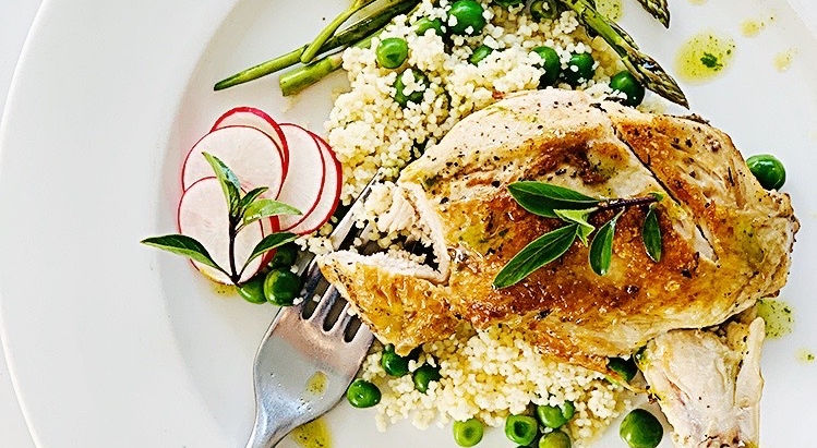 Thyme roasted chicken with basil infused peas,asparagus and brown scented rice