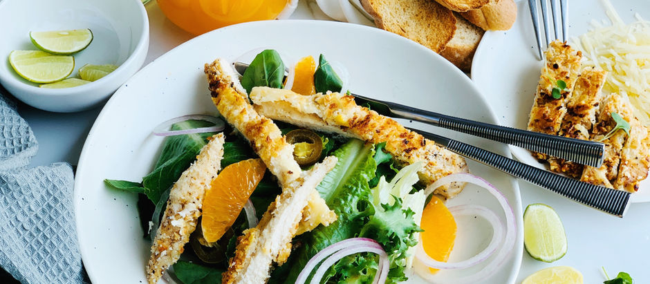 Parmesan crusted chicken with a fresh green salad