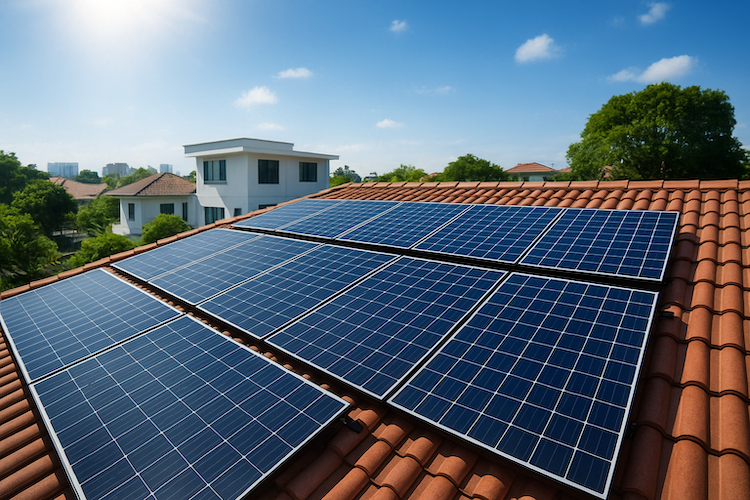 Rooftop solar panel system installed on a home in Singapore under bright sunlight