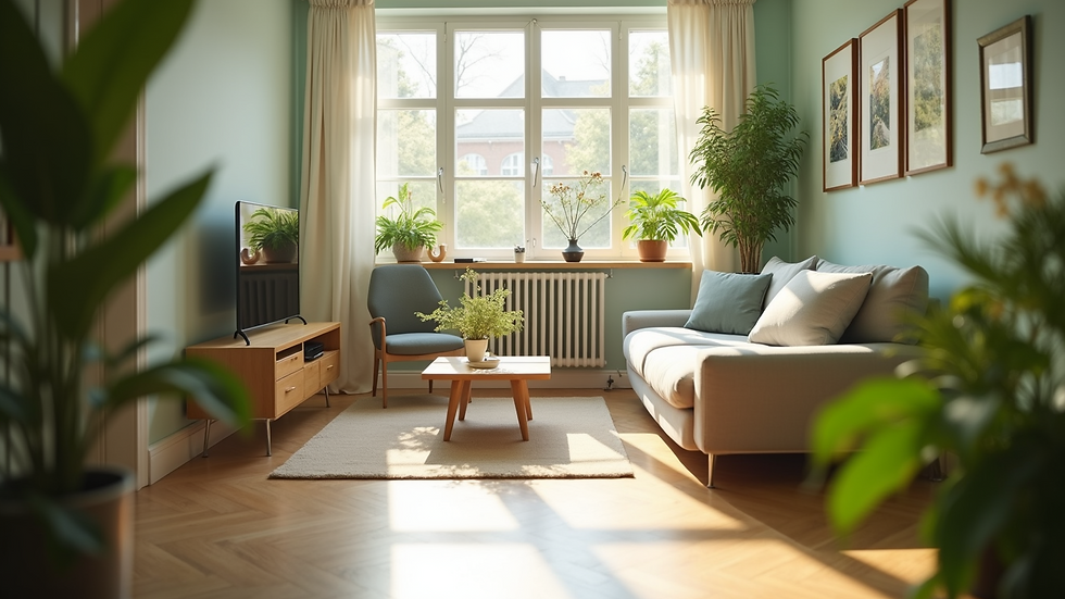 Eye-level view of a bright living space filled with greenery