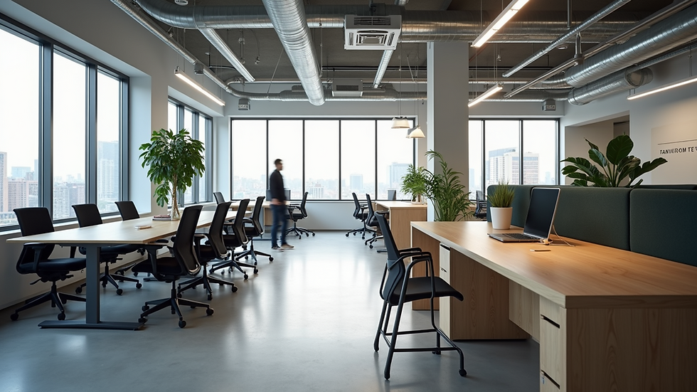 High angle view of a collaborative commercial workspace with modular furniture