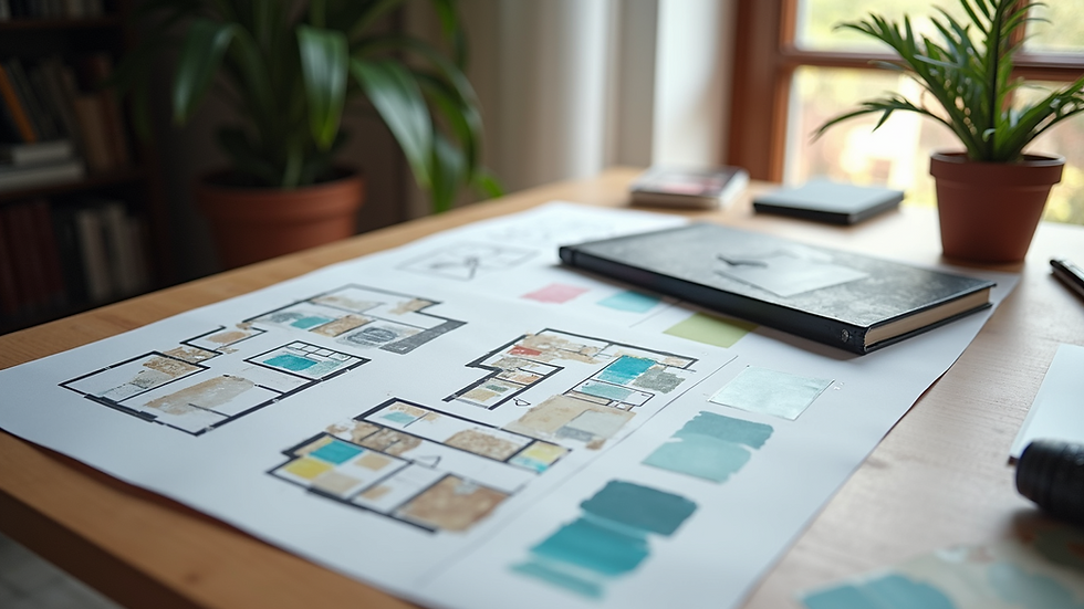 High angle view of a designer’s workspace with colour swatches and floor plans