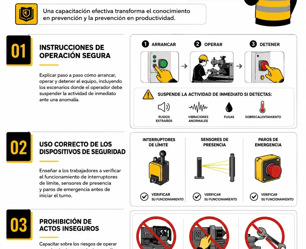 Infografía de PREVENCIONISTAS sobre capacitación en maquinaria: operación segura, EPP, paros de emergencia y prohibiciones.