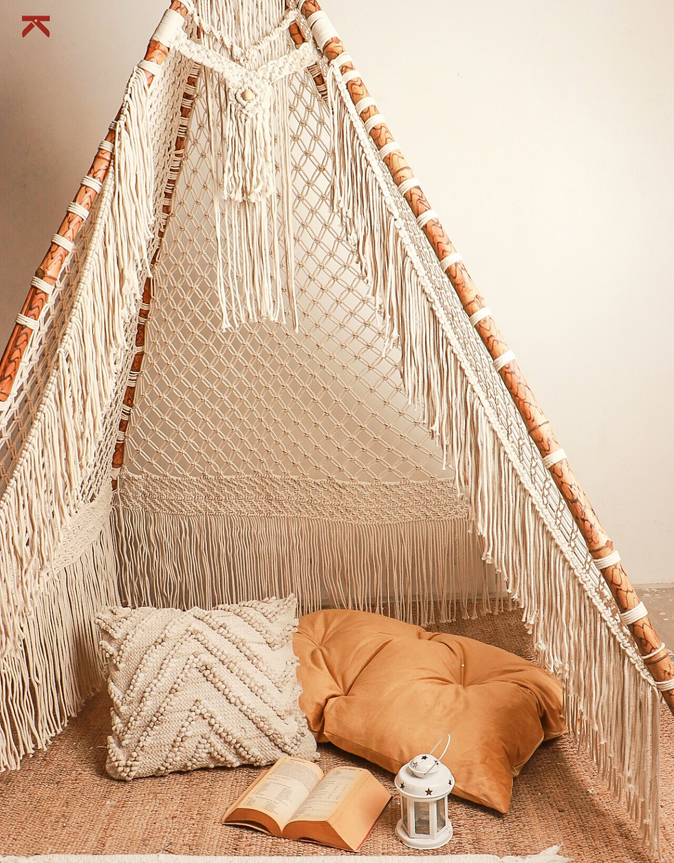 Thumbnail: Handcrafted boho kids tepee tent macramé sustainable Indian artisans play tent Karighar India