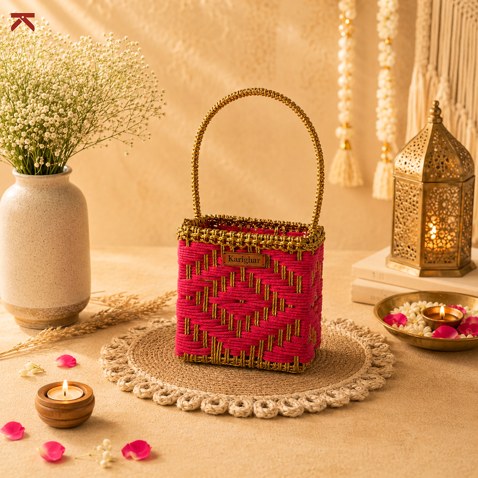 Handcrafted pink festive basket with golden zari weave and handle by Karighar styled in an elegant festive setup.