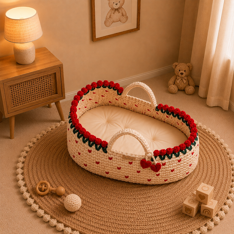 Top-angle view of Rosy Nest Newborn Bassinet showing its spacious oval shape, soft cushioned interior, floral border and hand