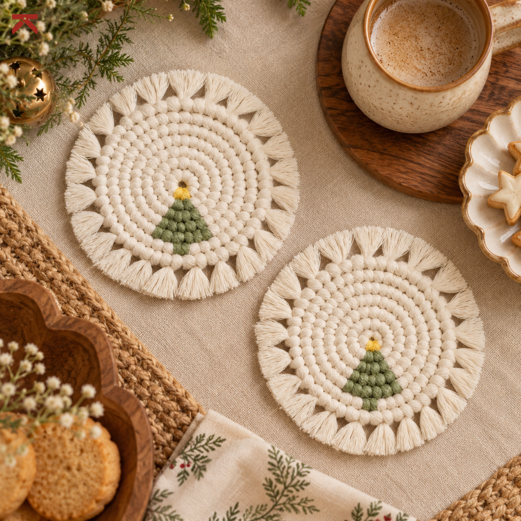 Karighar Jingle Weave handcrafted Christmas coaster set of 2 in off-white with green tree motif and tasselled edges