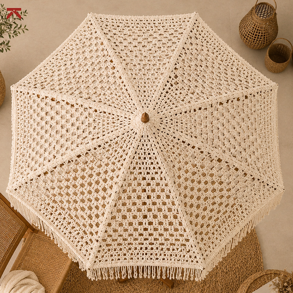 Top view of handcrafted macramé patio umbrella showcasing intricate woven canopy and bohemian craftsmanship.