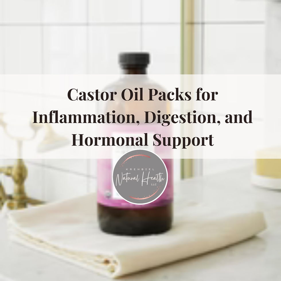 Bottle of castor oil on a towel with text: "Castor Oil Packs for Inflammation, Digestion, and Hormonal Support," in a bathroom setting.
