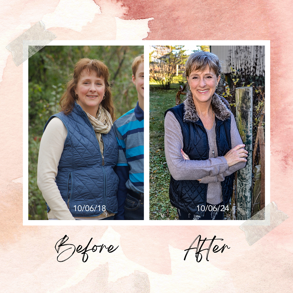 Before and after photos of a woman in a blue vest. First photo with a boy in greenery (2018) and second alone by a fence (2024). Warm tones.