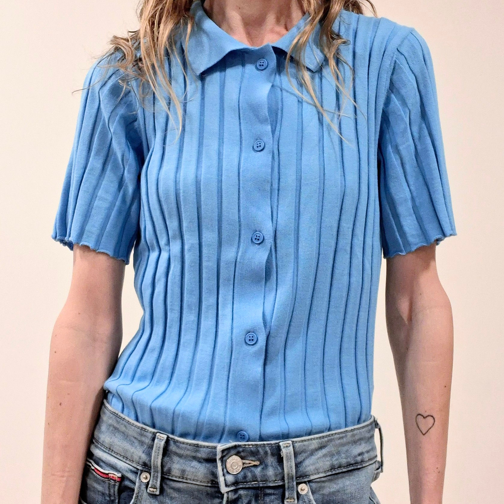 Frett Ribbed Short-Sleeve Polo Knit Top Size M