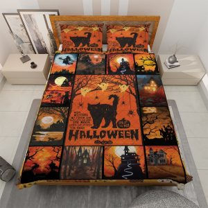 Vintage Retro Black Scary Cat Halloween Quilt Bedding Set