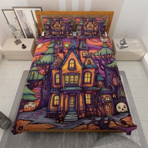 Vintage Retro Haunted House Halloween Quilt Bedding Set