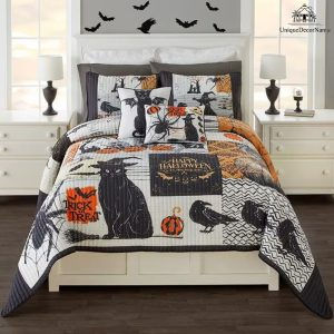 Haunted Halloween Quilted Bedding Set Witchy Print Duvet