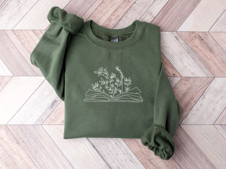 Stylish Embroidered Wildflower Book Lover Sweatshirt