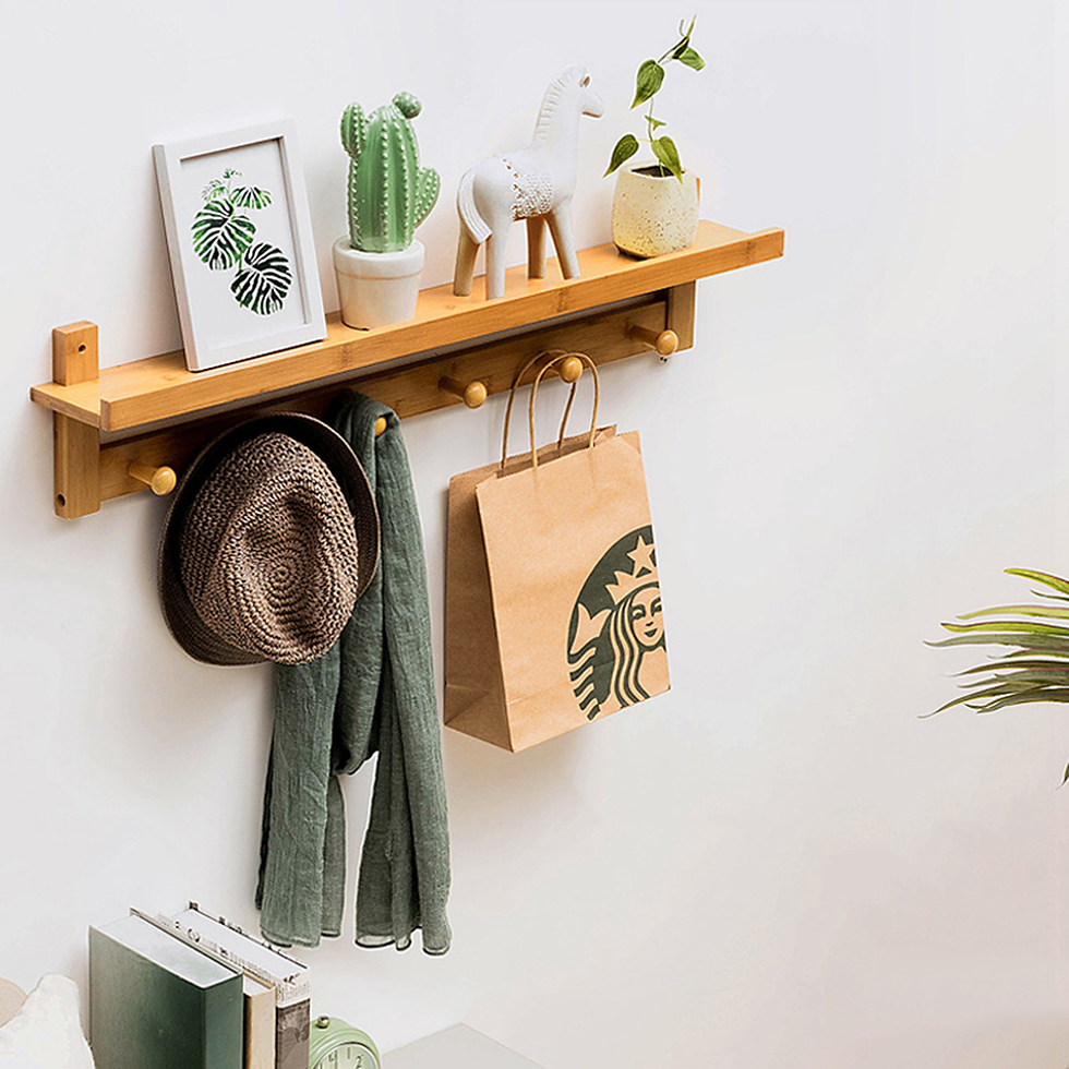 Thumbnail: 3/4/5/6 Hook Rack Wall Mount Hanger Key Coat Hat Holder Wooden Bamboo Organiser