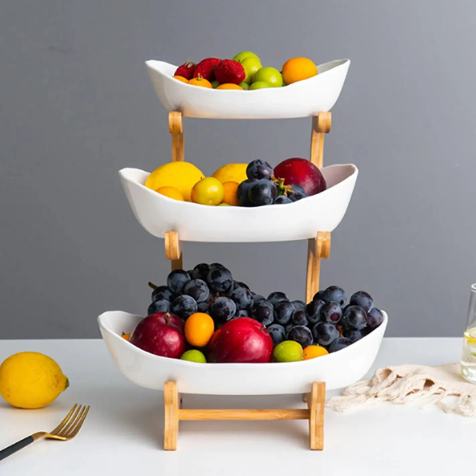Thumbnail: 3 Layer Multi-Layer Ceramic Fruit Plate Bamboo Wooden Frame Household Basket Bow