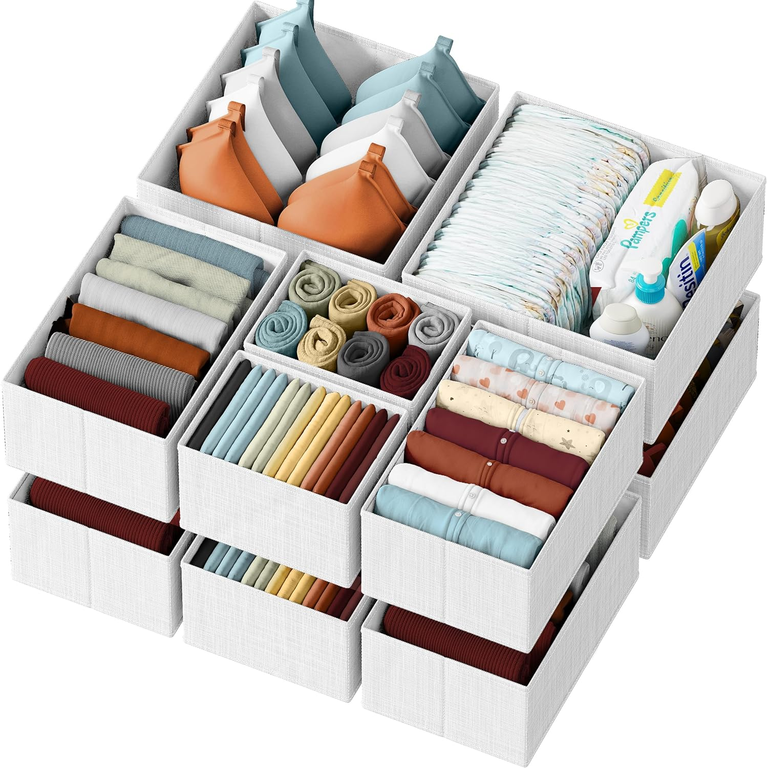 Drawer Organizer Clothes Set of 12 White-Grey - Dresser Organizer for Nursery, B
