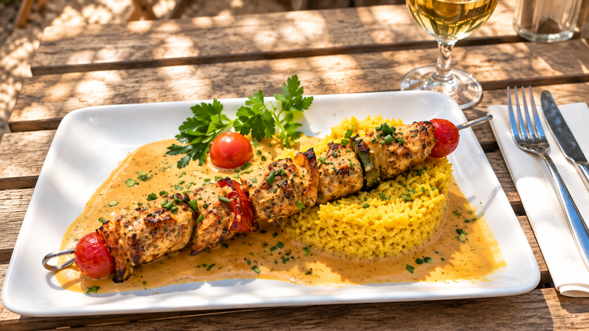 brochette de poulet, sauce safranée et riz au restaurant NOOK près de vaison-la-romaine