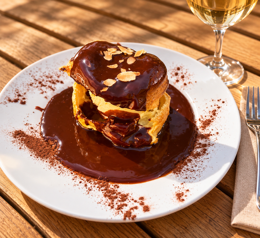 dessert profiterole géante au chocolat au NOOK près de Nyons