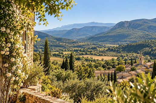 Drôme Provençale bij Sainte-Jalle, prachtig landschap met olijfbomen, cipressen en bergen in Zuid-Frankrijk
