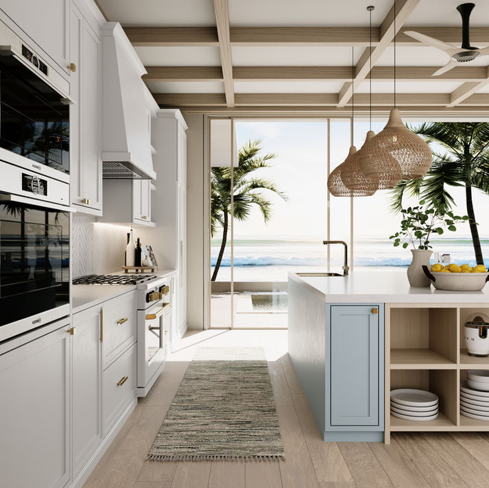 Modern kitchen design with white cabinets, ocean view and Legourmet Kitchen.