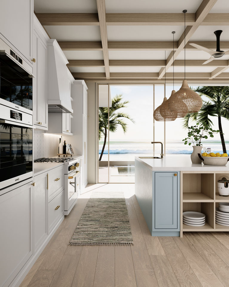 Modern kitchen design with white cabinets, ocean view and Legourmet Kitchen.