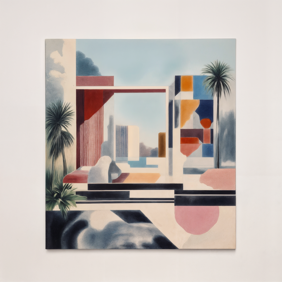 Geometric painting with palm trees and pastel colors, abstract landscape scene. Geisted