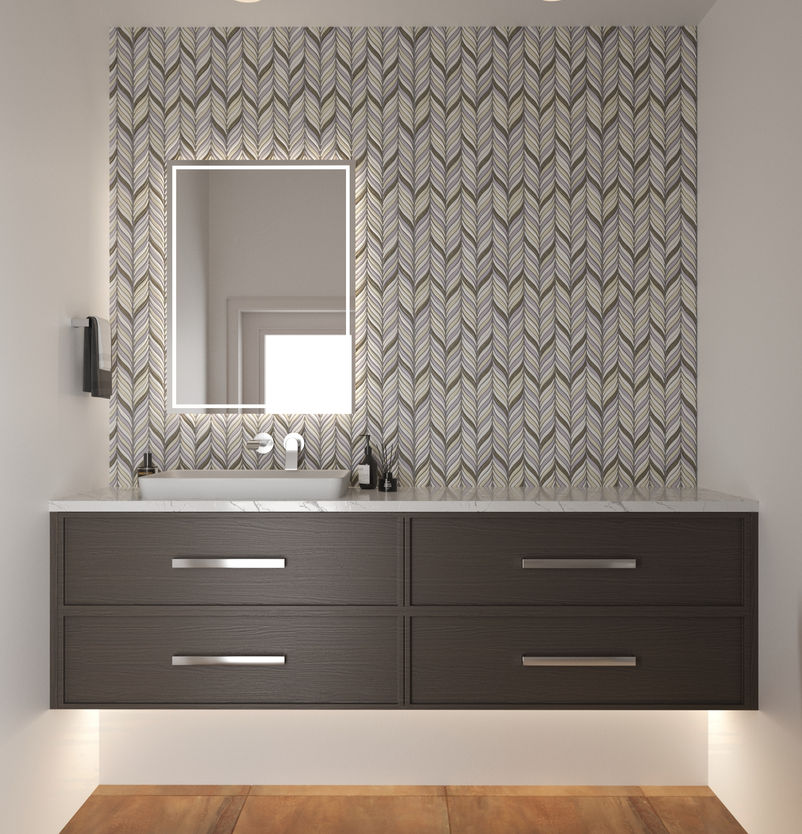 Modern bathroom with a mirror above the vanity, and Legourmet Kitchen.