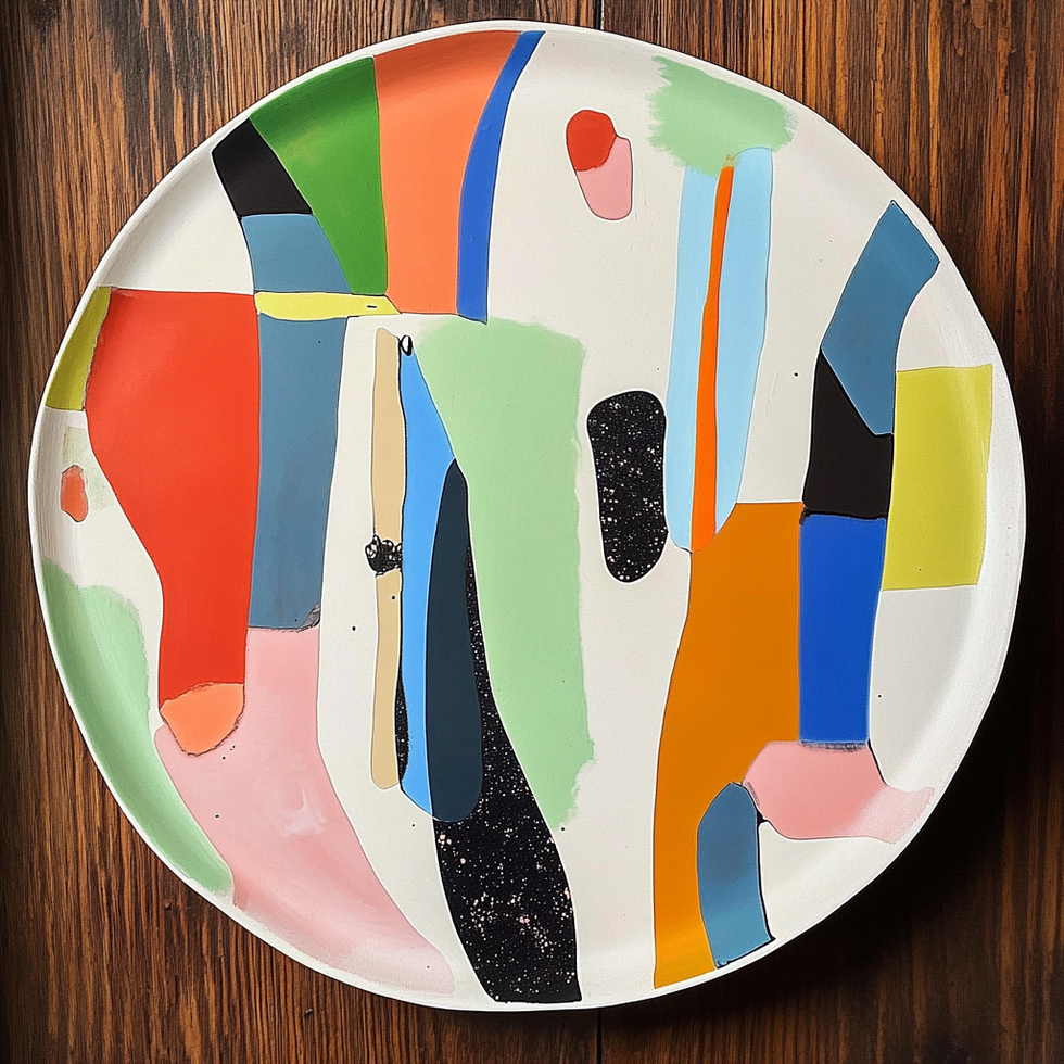 Colorful abstract plate on a wooden surface. Unique design with multiple colors.