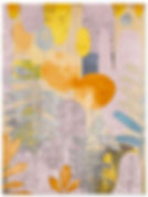 Colorful artistic rug with large abstract shapes, plants, and various textures.