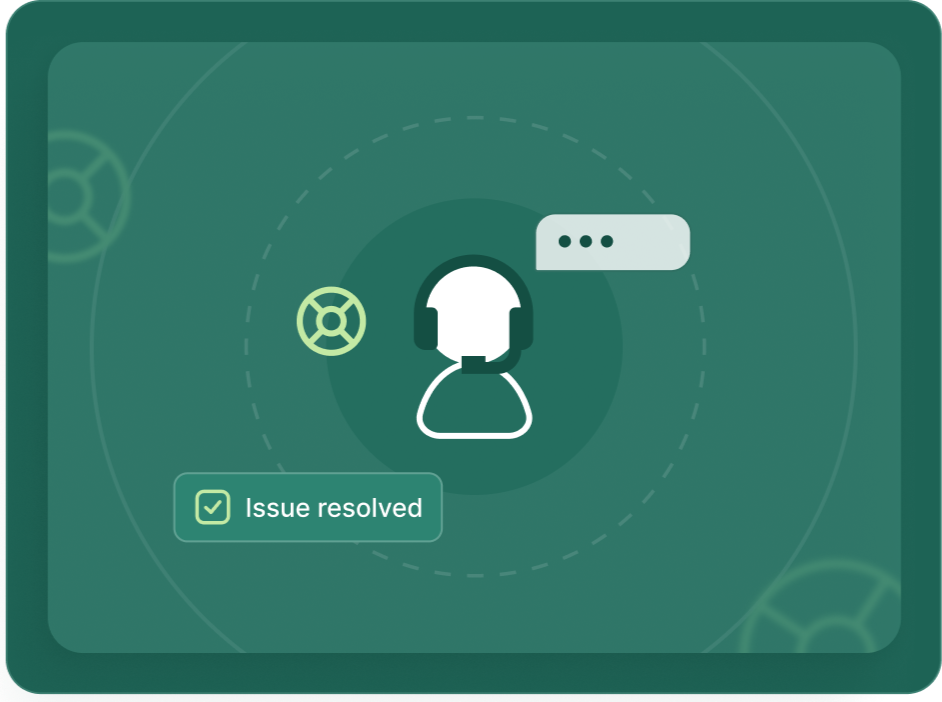 Support agent with headset and 'Issue resolved' message