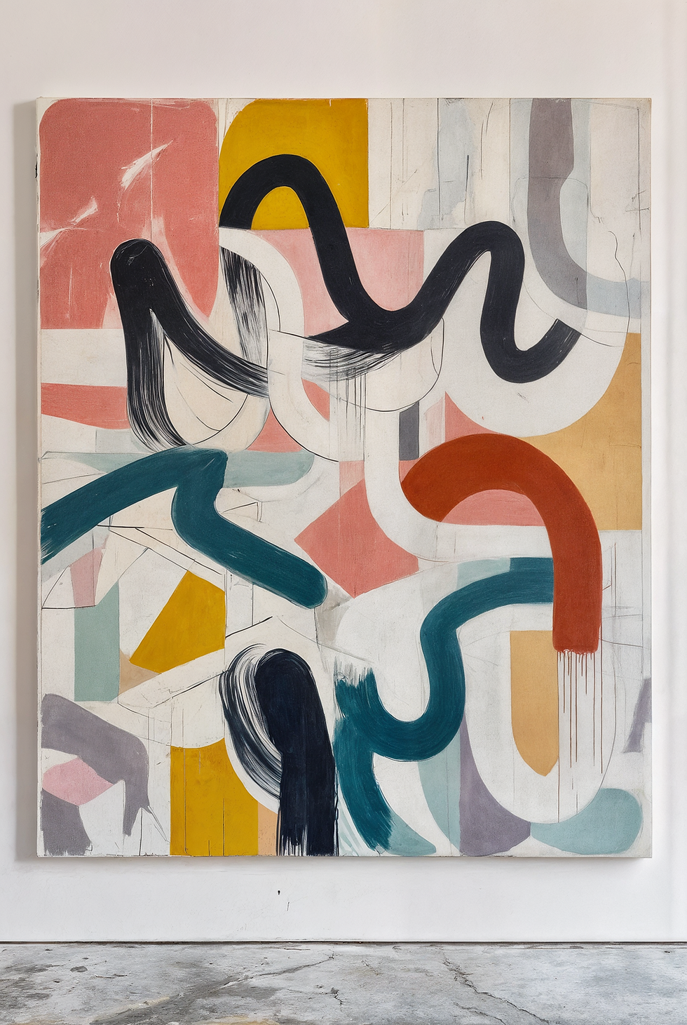 Abstract art with colorful geometric shapes and curved lines on canvas Geisted.