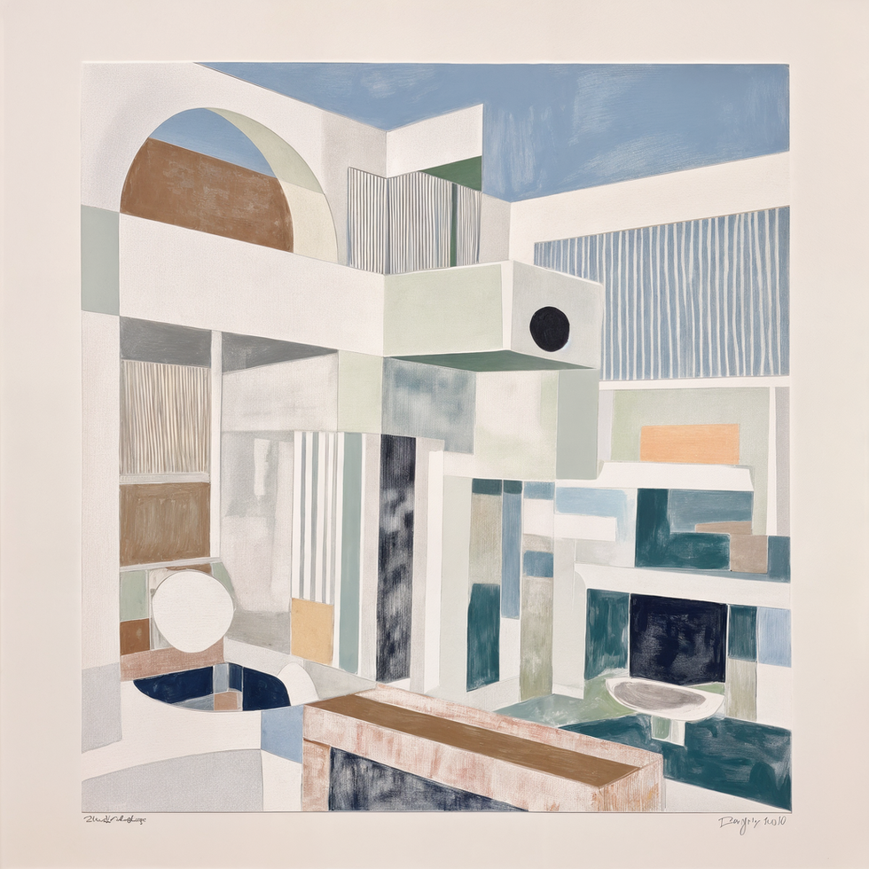 Abstract architectural art with various shapes and forms, colors, and structure.