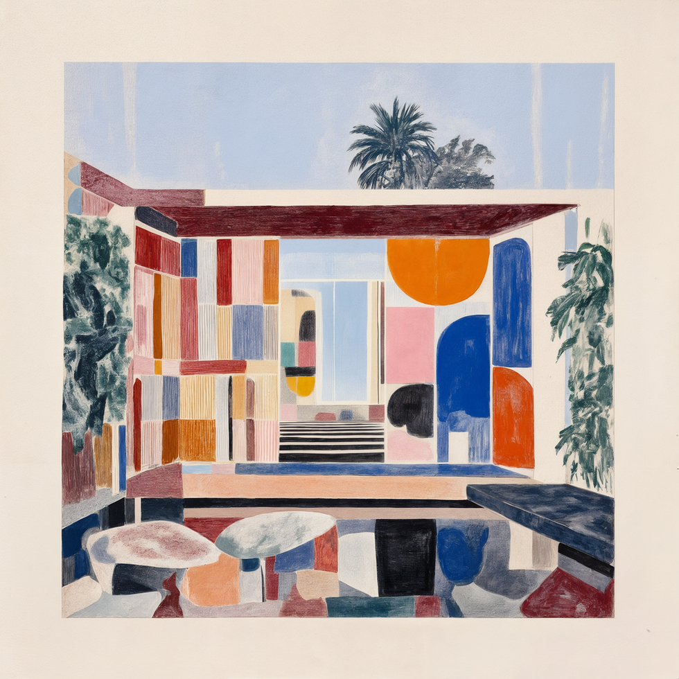 Colorful abstract painting of a room with furniture, sky, and plants. Geisted