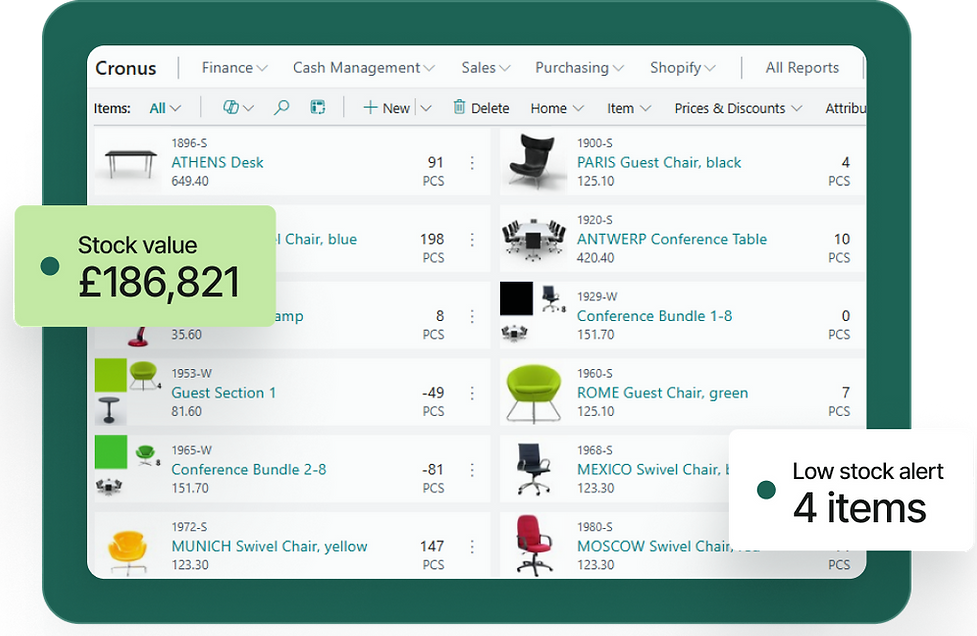 Inventory system dashboard showing stock value £186,821 and 4 low stock items.