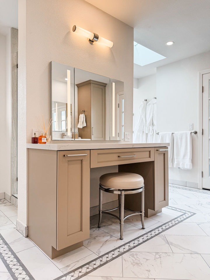 Vanity set with mirror and stool in a modern bathroom design