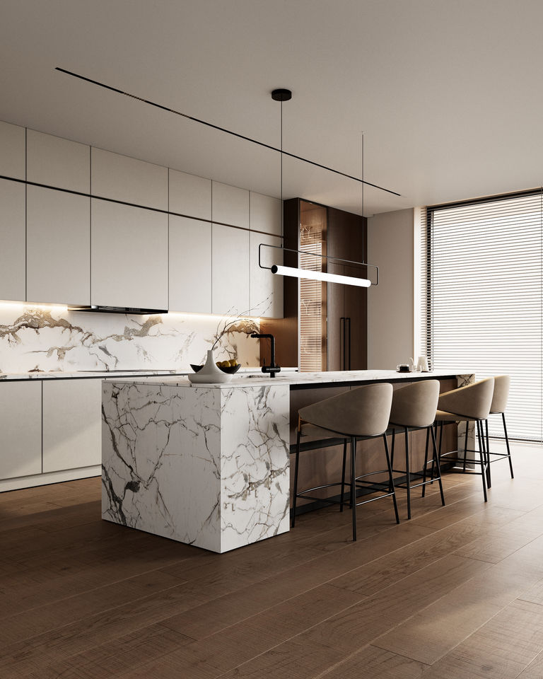 Modern kitchen design with marble island and bar seating Legourmet Kitchen