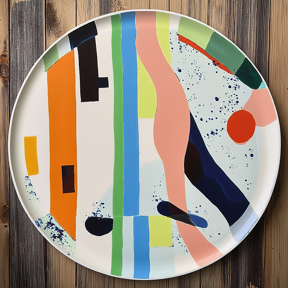 Abstract art tray with colorful stripes and shapes on wooden background