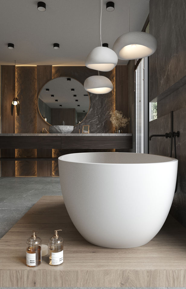 Modern bathroom with a white tub, lights, and mirrored wall design.