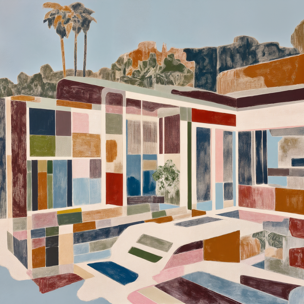 Colorful mid-century modern home with palm trees and a geometric design #004 Casablanca