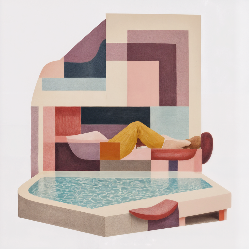 Abstract artwork of a person lounging next to water, geometric shapes. #004 Casablanca Geisted