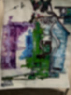 Abstract art with blue, green, and purple strokes forming various shapes.