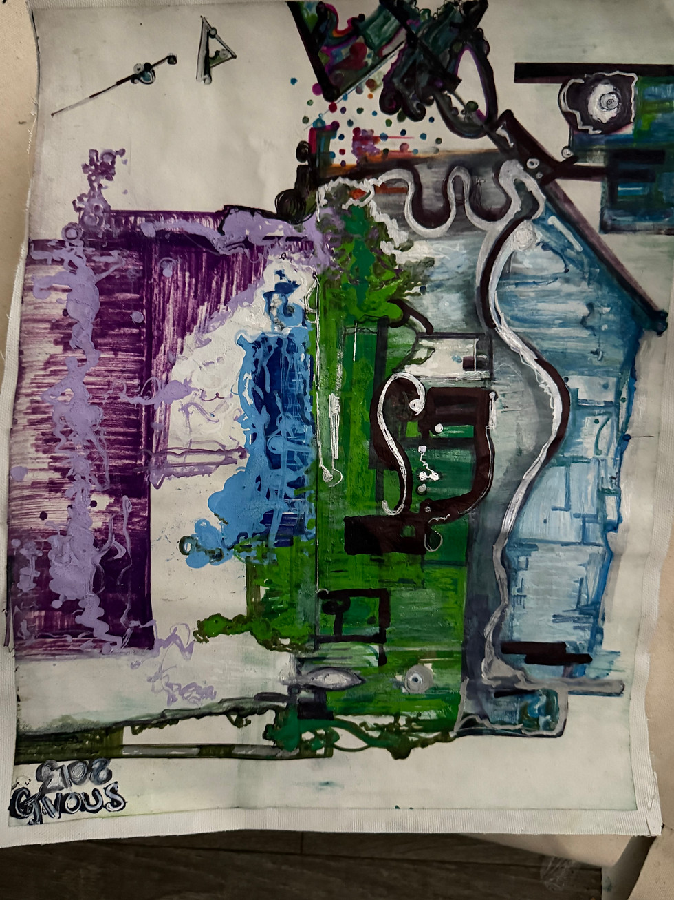 Abstract art with blue, green, and purple strokes forming various shapes.