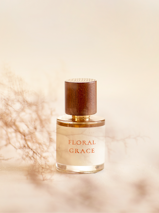 Floral Grace organic perfume with tropical florals and fruity notes, natural evening fragrance for spring celebrations