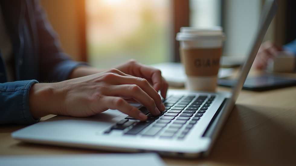 Close-up view of a person typing on a laptop keyboard with a coffee cup nearby