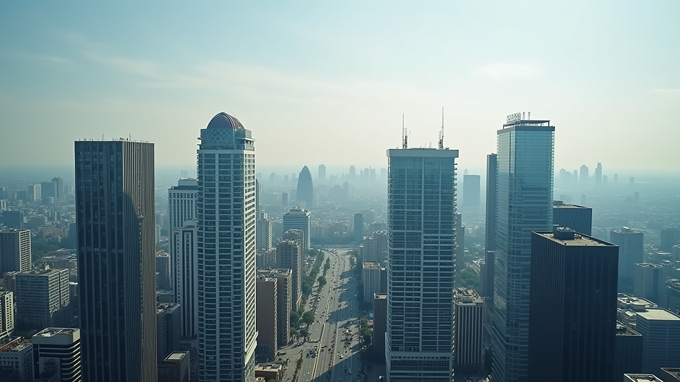 High angle view of a city skyline with modern office buildings