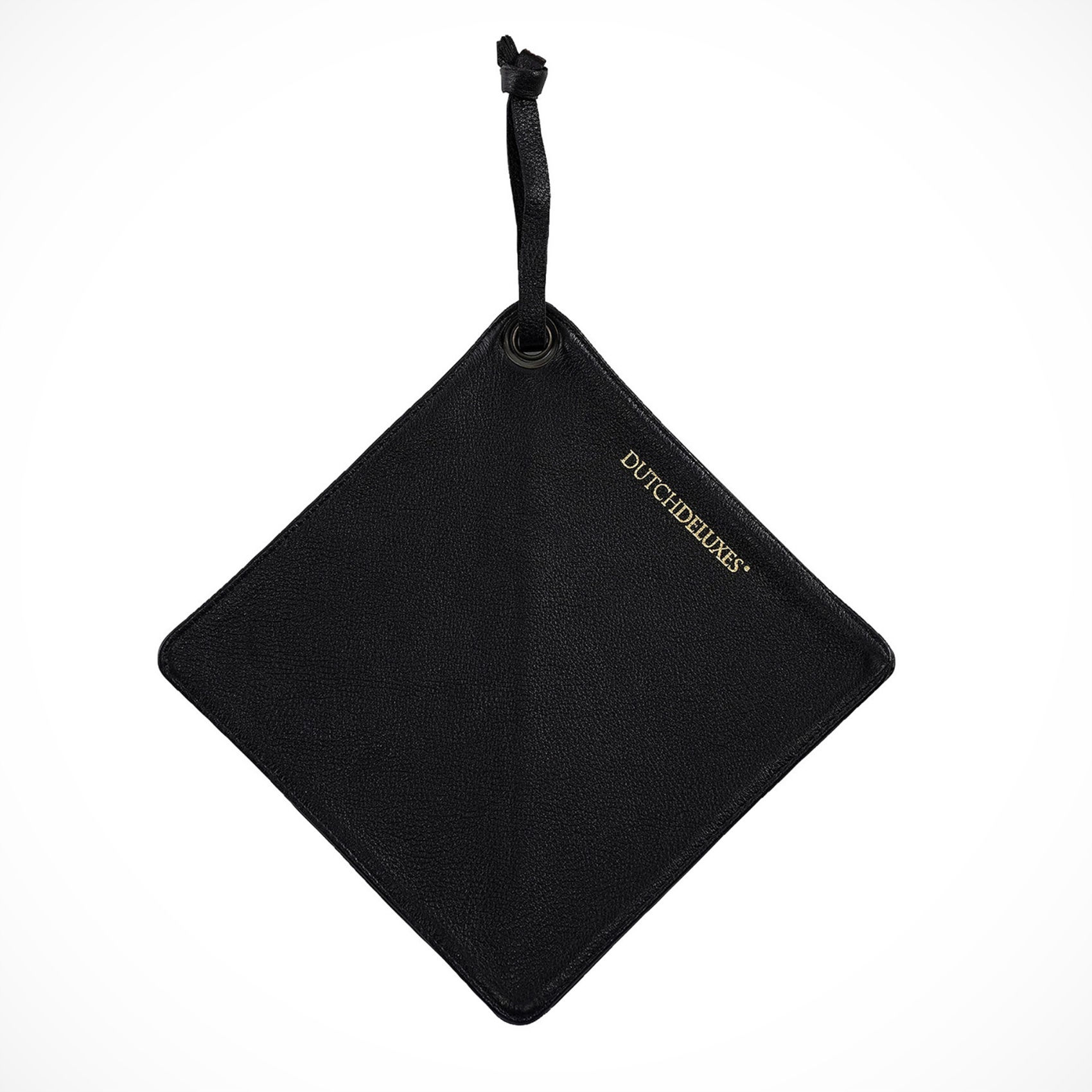 Black Dutch Leather Potholder with loop strap, isolated on a clean white background.