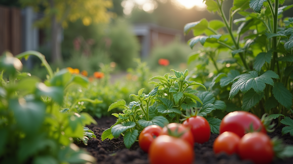 Eye-level view of a community garden with diverse plants