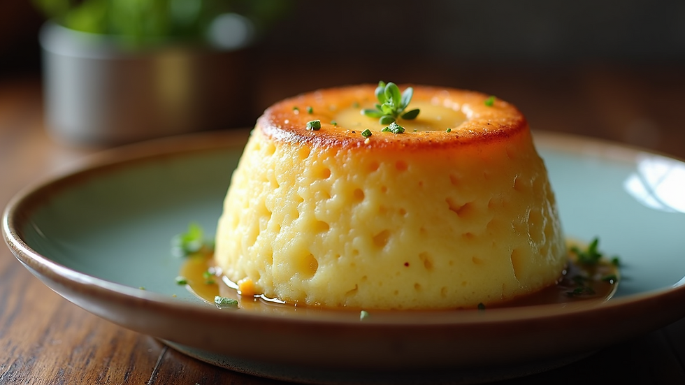 Close-up view of a traditional Manx Spuds pudding on a rustic plate